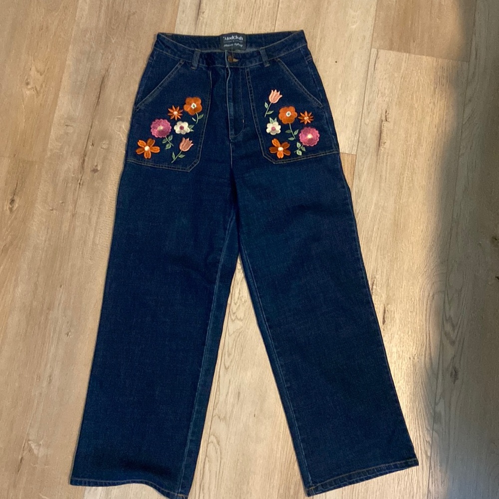 Princess Highway Dark Blue Ankle Jeans with Colorful Floral Design